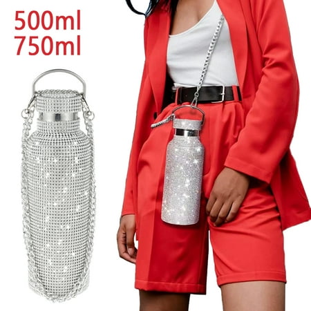 

HOTBEST Rhinestone Water Bottle 304 Stainless Steel Sparkling Thermos with Chain High-End Glitter Rhinestone Vacuum Flask Portable Leak-Proof Insulated Bottle for Outdoor Travel Sports