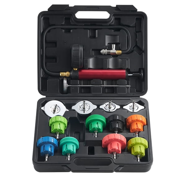 14 Piece Universal Radiator Pressure Tester Kit with Manual Pump Color Coded Steel Test Cap Adapters Toolbox for Car Motorcycle Truck Cooling System