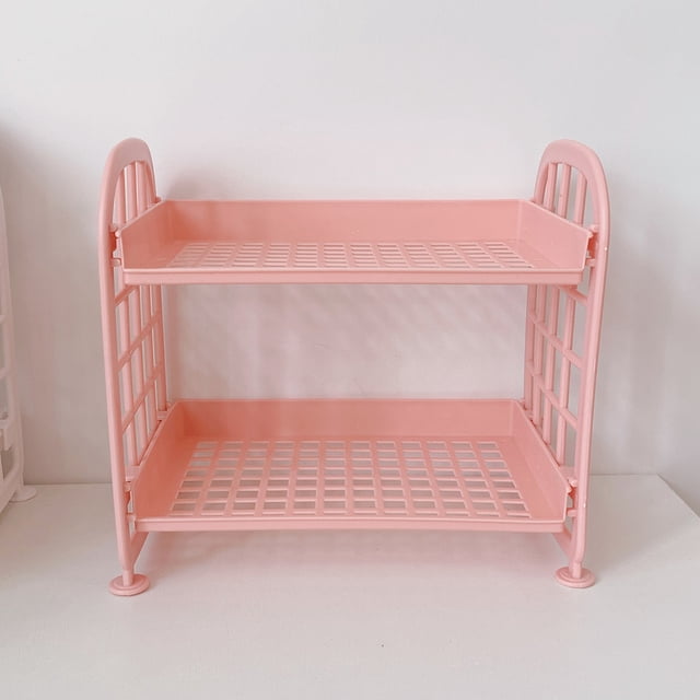 Cosmetics 2 Layer Desktop Shelf Side Guardrail Design Foldable Double Layer Stacking Cosmetic Stationery Storage HolderPink