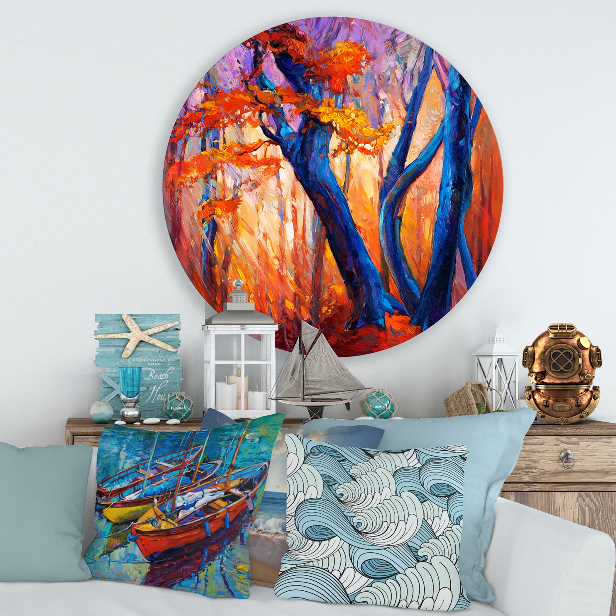 Designart 'Abstract Blue Silhouettes Of Trees In Orange Autumn Forest' Farmhouse Circle Metal Wall Art 36x36 - Disc of 36