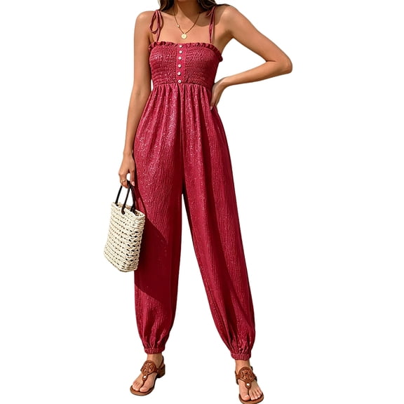 Spaghetti Strap Women Elastic Sleeveless Loose Jogger Smocked Jumpsuit