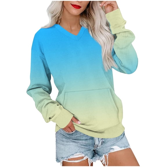XPMWRP Women's Gradient Trendy Sweatshirt Casual Long Sleeve V Neck Pullover Loose Fall Winter Warm Sweatshirt Blue L