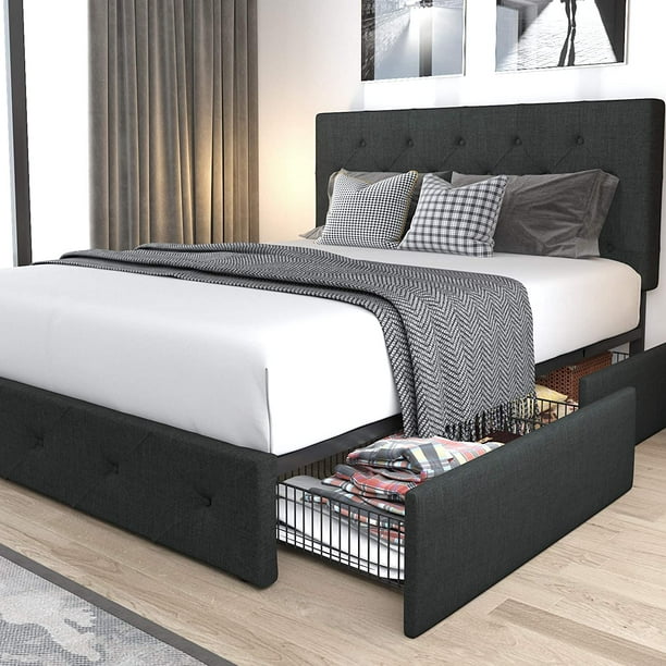 Allewie Queen Platform Bed Frame With 4, Queen Wood Bed Frame With Headboard And Storage