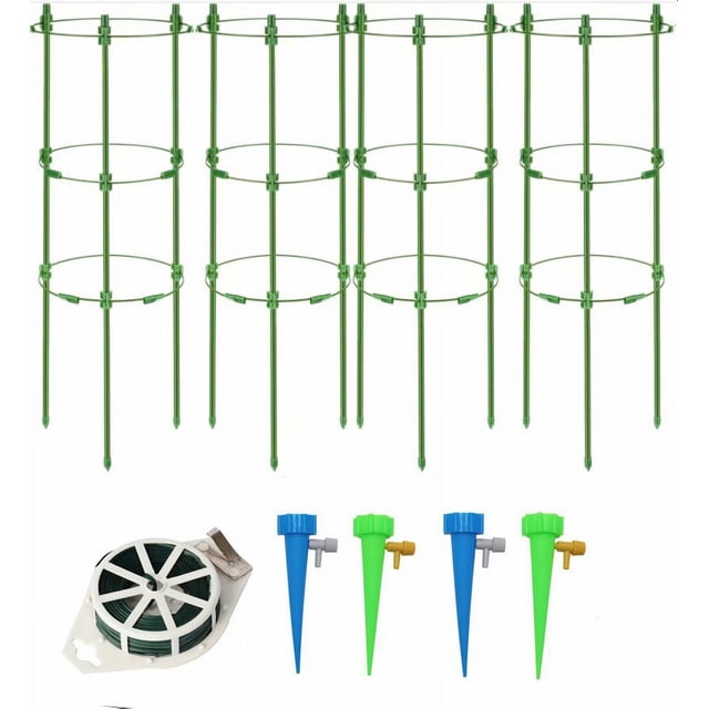 4 piezas de soporte para plantas de jardín, jaula para cultivo de tomates, jaula para plantas trepadoras, con 4 piezas de orejas de autorriego y 1 pieza de línea de amarre para plantas con flores, suministros para plantas trepadoras de tomate de 45 cm brillar Electrónica