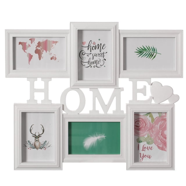 Decorative Modern Wall Mounted Collage Picture Holder Multi Photo Frame for 6 Pictures 4 x 6 Inch Home Text, White