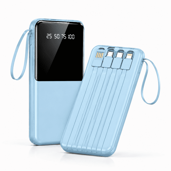 Portable Charger Built-in Cables, USB C Power Bank 10000mAh, Travel Battery Portable Phone Charger Compact Lightweight External Battery Pack for Smart Phones,Blue