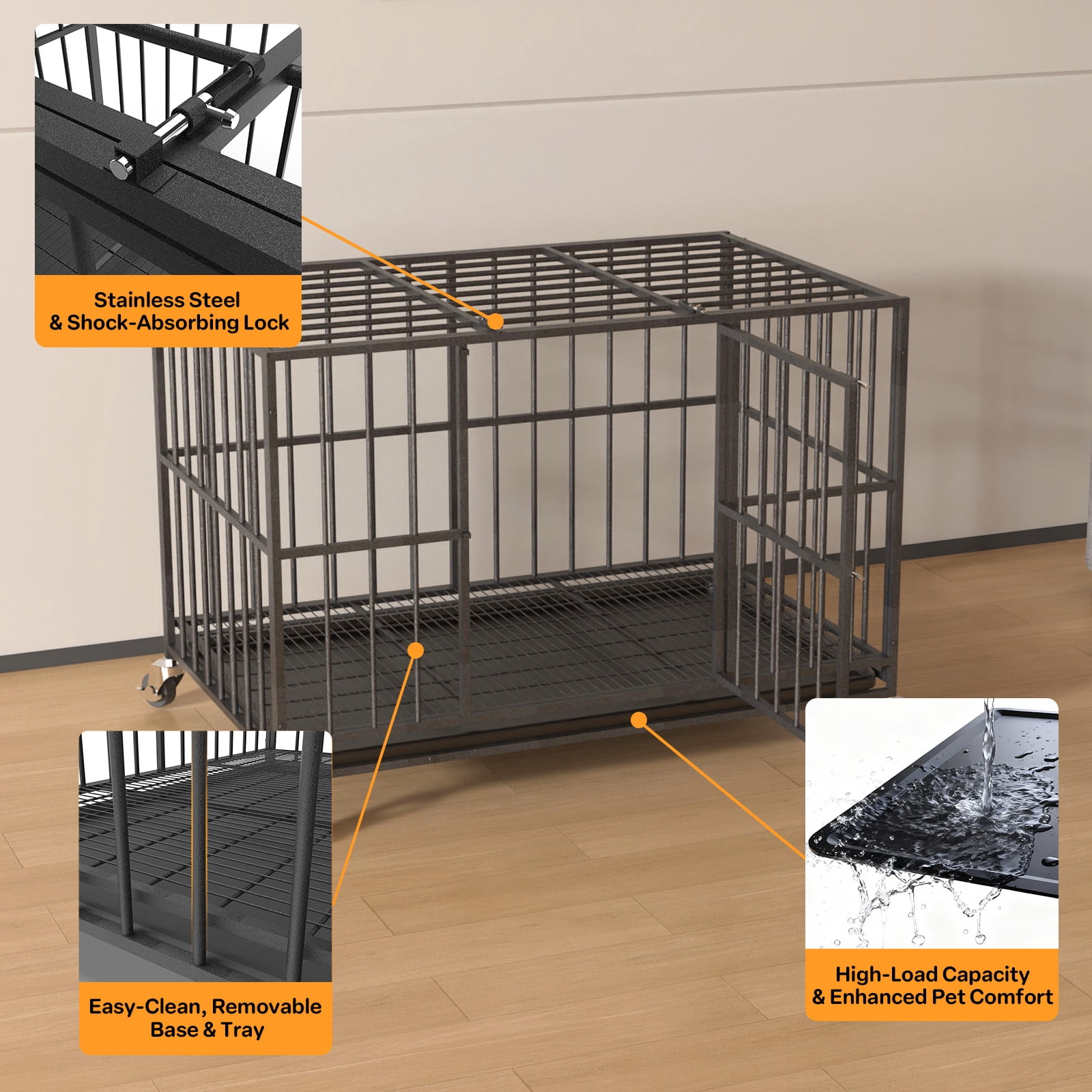TIME RAY 48 Inch Heavy Duty Dog Crate Cage for Large Dog with Steel Escape Proof, Indoor & Outdoor Double Doors,Lockable Wheels and Removable Tray,Black