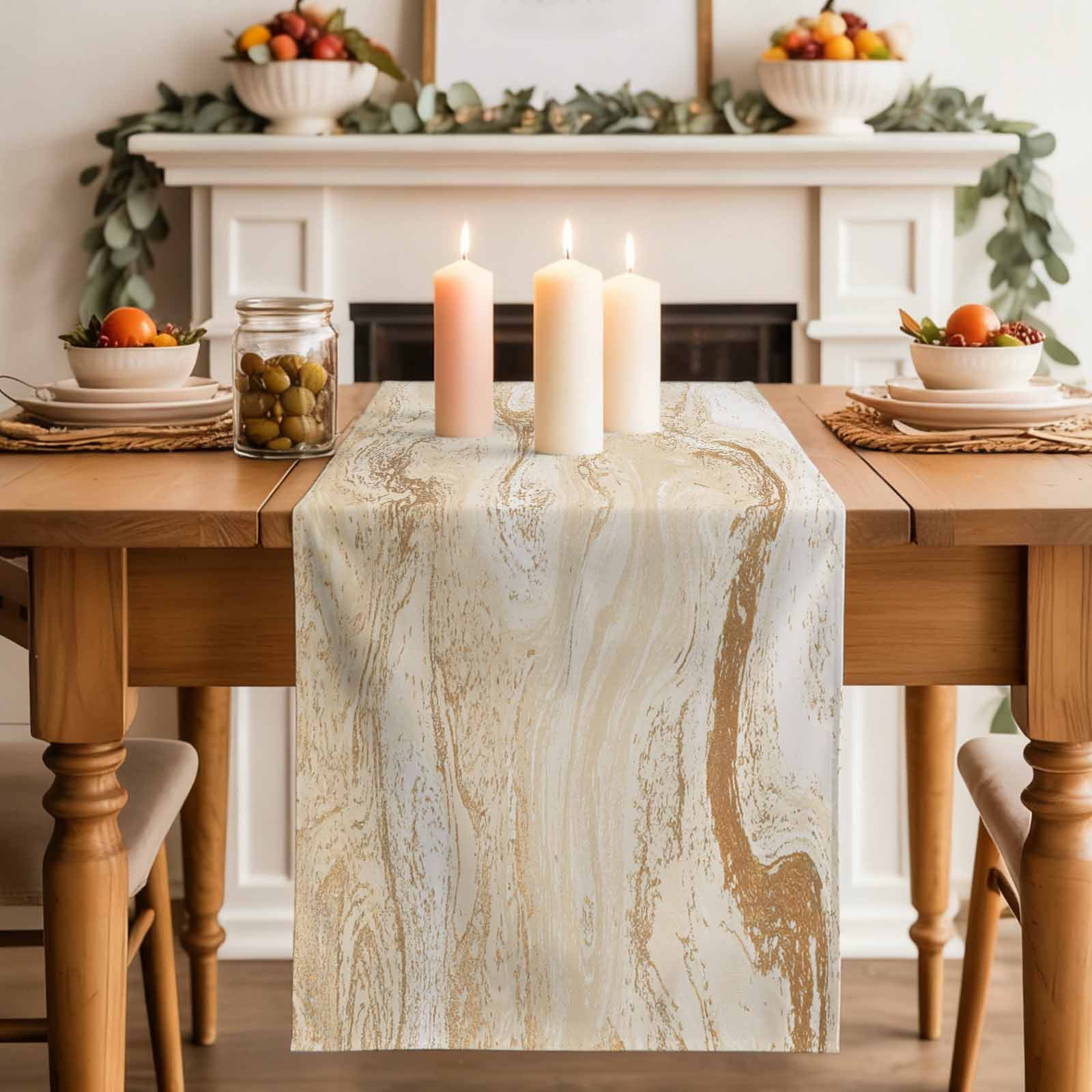 Beige Marble Table Runner, Chic Neutral Minimalist Fluid Aesthetic Washable Cotton Linen Table Runners 72 Inches Long, Dresser Scarf Runner for Dining/Coffee/Kitchen/TV Stands/Cabinets 13''x72''