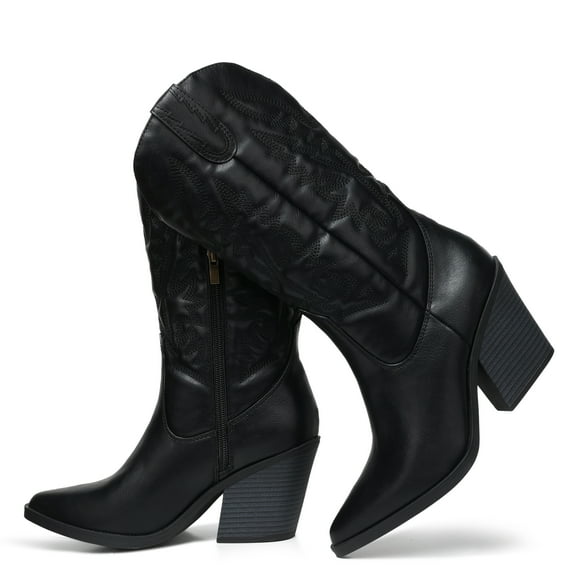 FAMITION Cowgirl Boots for Women Pointy Toe Women's Western Boots Cowboy Boots Pull On Mid Calf Chunky Heel Boots Black
