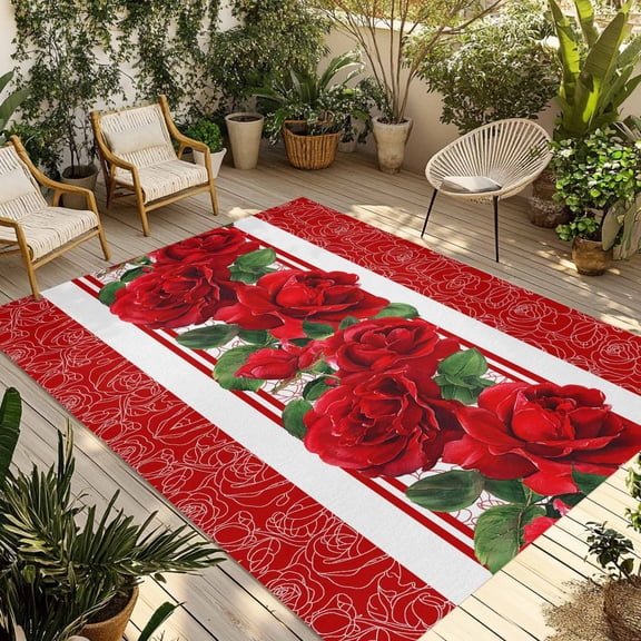 Red Roses Outdoor Rug for Patio/Deck/Porch, Non-Slip Large Area Rug 3 x 5 Ft, Valentine's Day Romantic Flowers Green Leaf Stripes Indoor Outdoor Rugs Washable Area Rugs, Camping Rug Carpet Runner