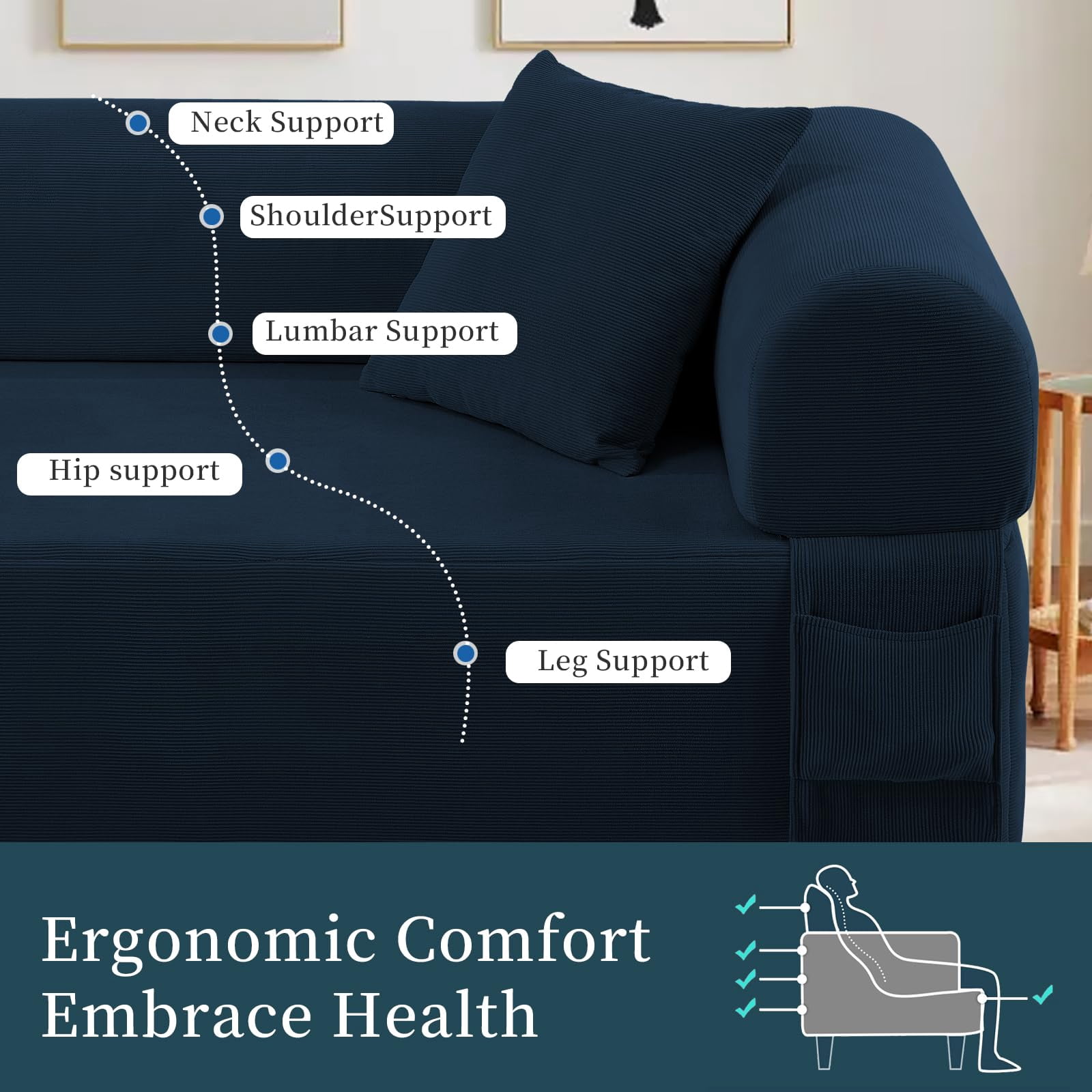 3-Seater Sofa, 83" No Assembly Deep Loveseat Couch in A Box, Spring & High-Elastic Sponge Filling Sofas with 2 Cushions & Side Storage Pockets for Living Room Apartment, Blue