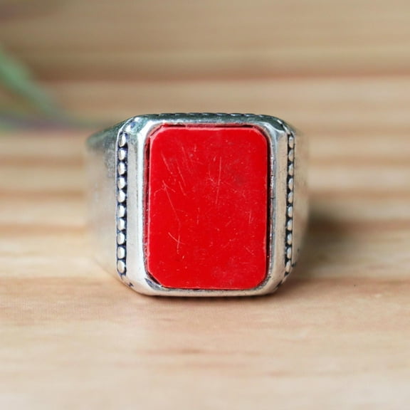 Red Coral Ring, 925 Silver Ring, Men's Signet Ring, Statement Ring, Bold Gemstone Ring, Handmade Jewelry, Unisex Jewelry, Rectangular Ring