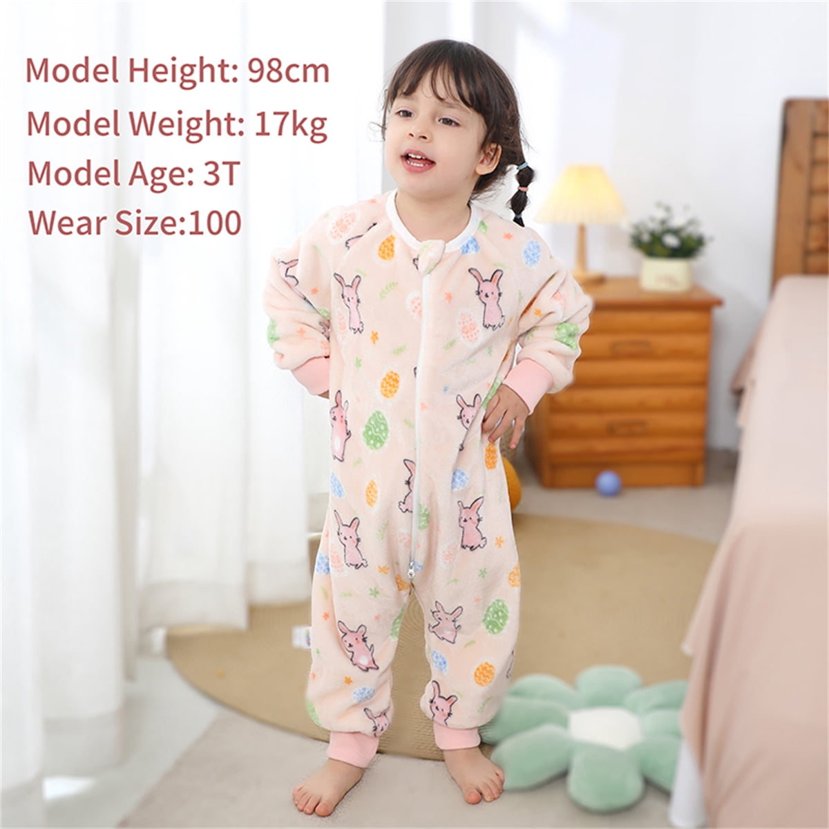 WIBACKER 9M-6Y Baby Warm Flannel Sleeping Bag with Feet, Rabbit Sleepsuit, Kids Toddler Girls Double Zipper Wearable Sleep Sack