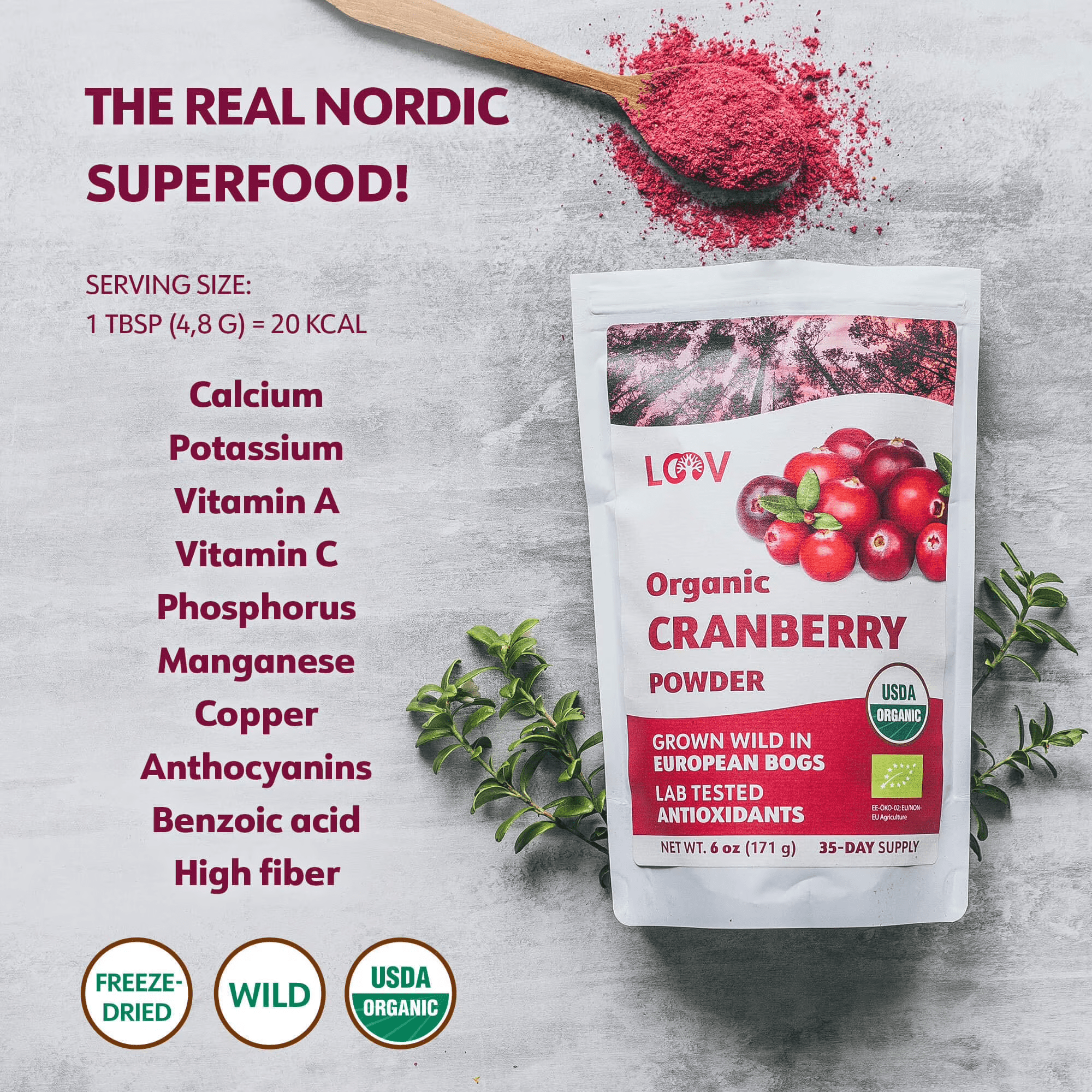 LOOV Organic Wild Cranberry Powder, Freeze-Dried, No Added Sugar, 6 oz (171 G)