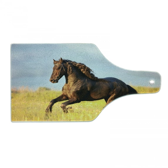 Horses Cutting Board, Friesian Animal Mane Gallops in Meadow Mystery Vitality Horse, Decorative Tempered Glass Cutting and Serving Board, Wine Bottle Shape, Yellow Brown Blue, by Ambesonne