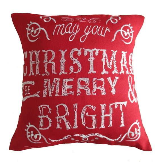 Decorative Cushion Cover Embroidered Christmas Greeting - Red Burlap, 18" x 18"