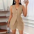 thumbnail image 2 of VIWORLD Women's 2-Piece Sleeveless Vest Shorts Set V-Neck Button Down Casual Matching Suit Summer Outfit Dark Khaki，M, 2 of 5