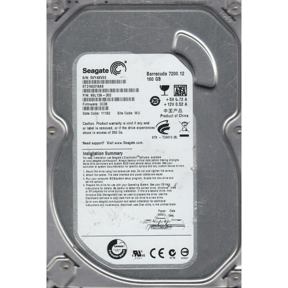 ST3160318AS, 5VY, WU, PN 9SL13A-302, FW CC38, Seagate 160GB SATA 3.5 Hard Drive