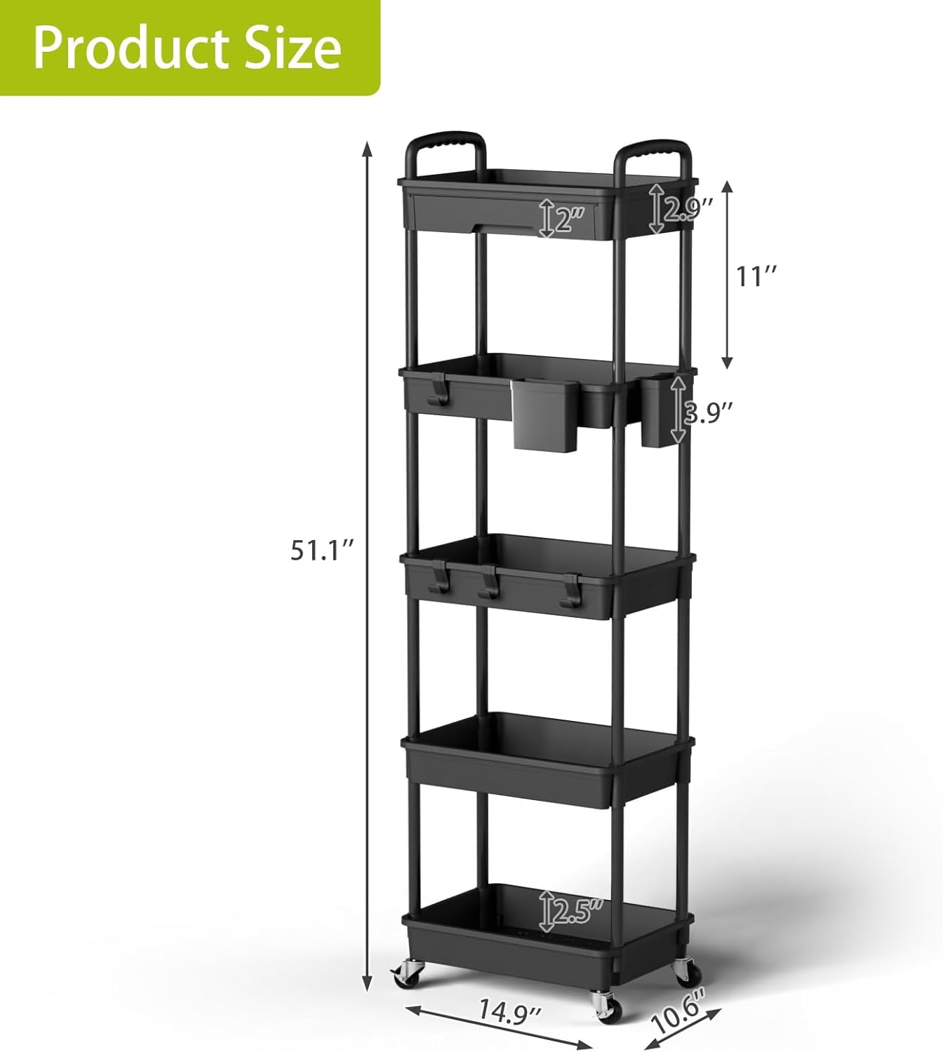 5 Tier Rolling Utility Cart, Mobile Storage Shelves with Wheels for Bathroom Laundry Office Home, Black