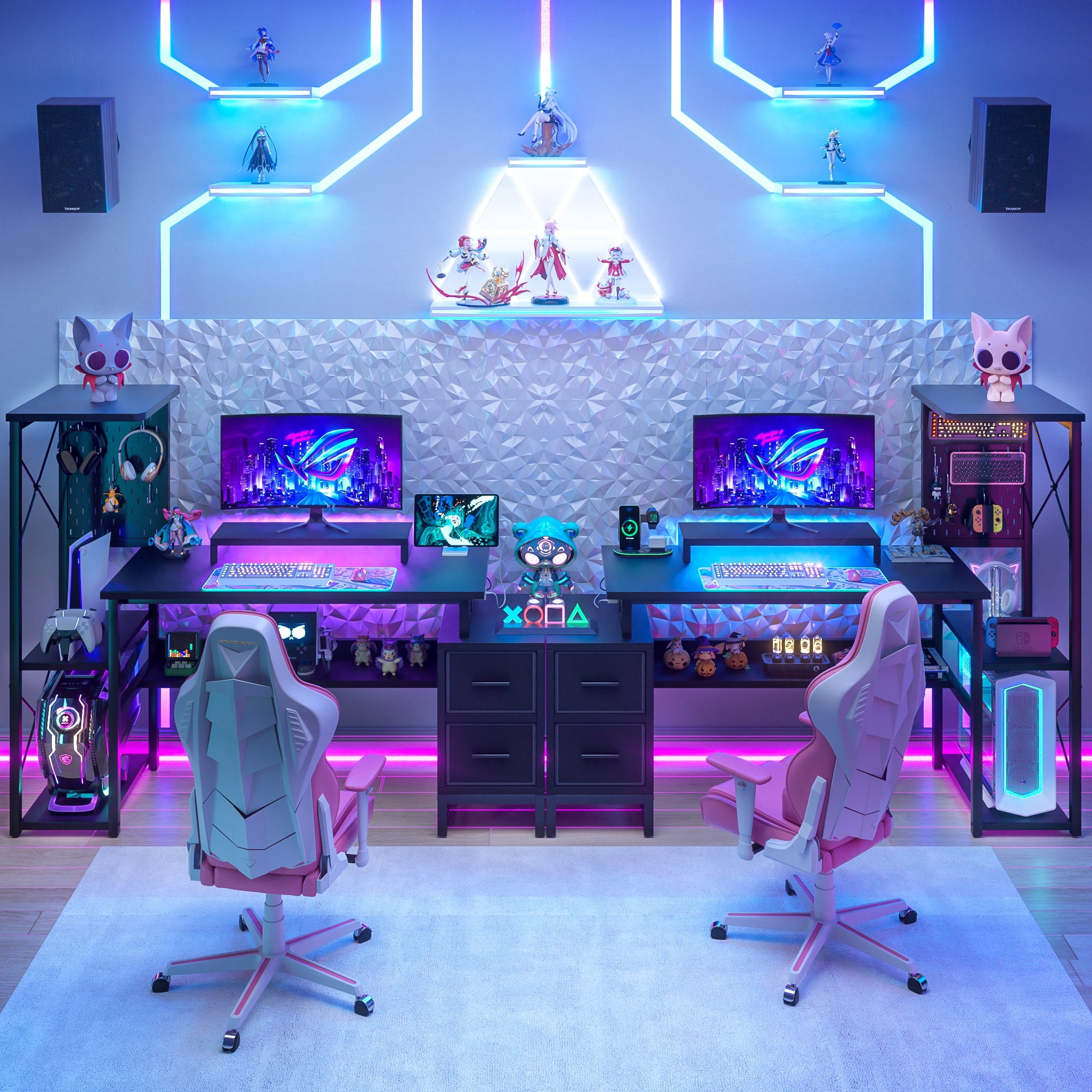 Homieasy 53" Gaming Desk with 2 Fabric Drawers, LED Lights & Pegboard, Reversible Computer Gaming Desk with Power Outlets, Writing Desk with Monitor Stand for Home & Office, Black