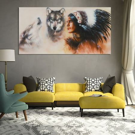 (NO FRAME) Indian Man Wolf Oil Painting Picture Canvas Prints Modern Abstract Shop Office Home Living Room Bedroom Wall Art Sticker Decor - Size: 31.5 x 15.7
