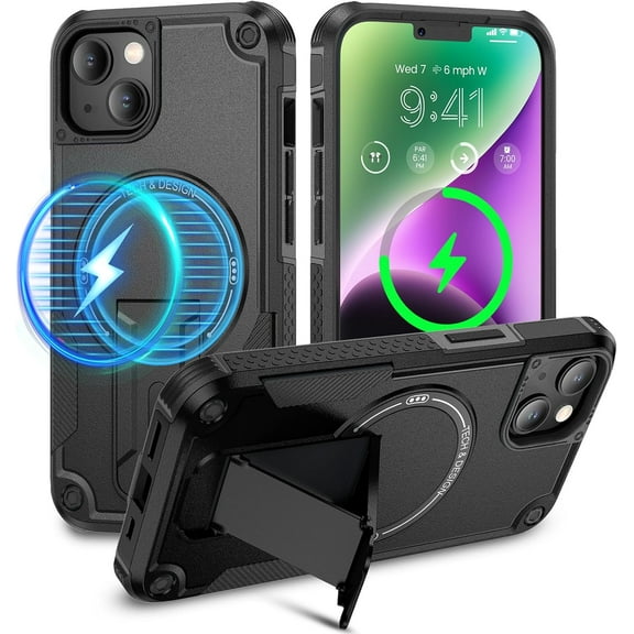 for iPhone 15 Plus & iPhone 14 Plus Case, [Compatible with Magsafe] [Built-in Invisible Stand] [Heavy Duty Drop Protection] Magnetic Magnet Hard Protective Phone Cover Accessories Black