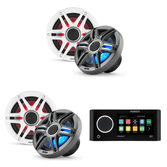 Fusion MS-RA770 Apollo Source Unit w/ (2 Pair ) Clarion CMSP-651RGB-SWG Premium 6.5-inch Coaxial Marine Speakers with built-in RGB illumination ( Includes White & Gray Sport Grilles )