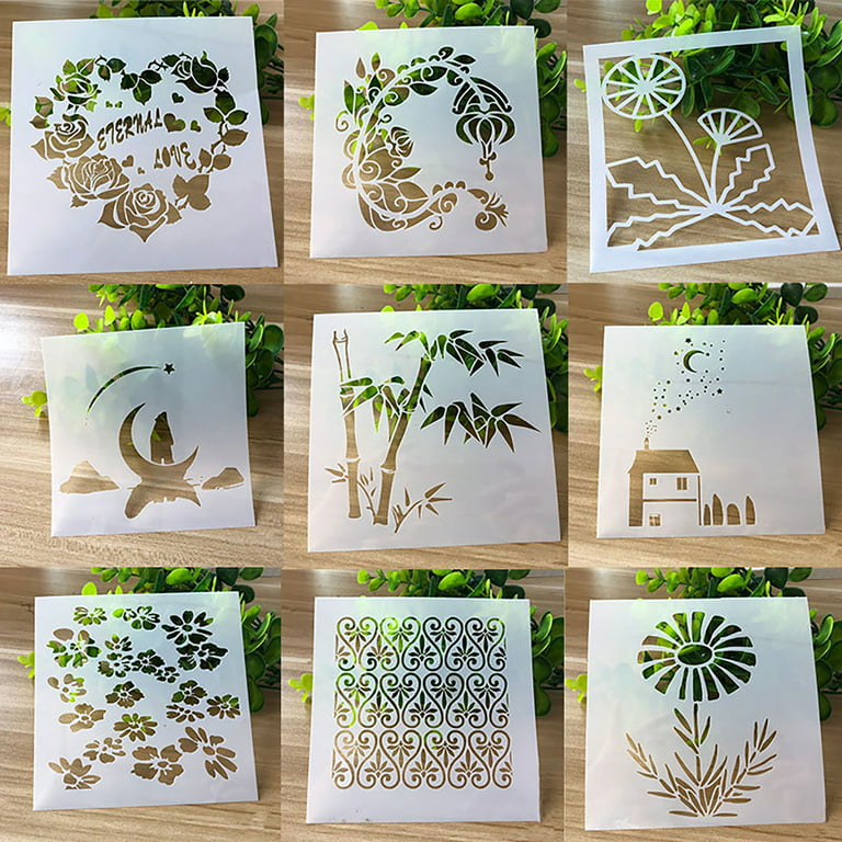 Aurora Trade 9 Pieces Flower Stencils for Painting on Wood Canvas, Reusable Art Rose Sunflower Bird Leaf Floral Stecil Drawing Template for Paint
