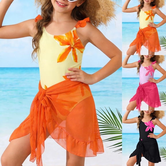 Tranfacy Girls 5-12 Years Summer Print Adjustable Strap Swimwear with Chest Pad and Matching Swim Skirt