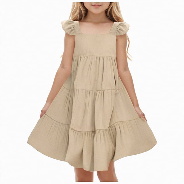gdxvjhbj Robe Tutu pour Fille Robe Papillon pour Bébé Fille Tutu à Volants Sans Manches Robes Robe de Fête 5T 6T (Kaki,5-6 Ans)