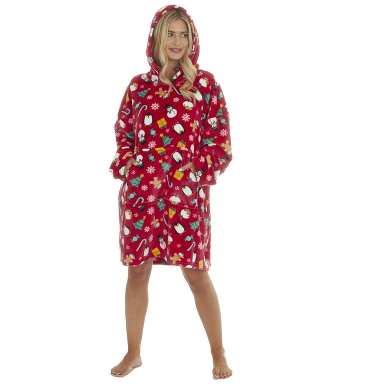 Mens Ladies Unisex Christmas Oversized Fleece Lounge Hoodie One Size Red