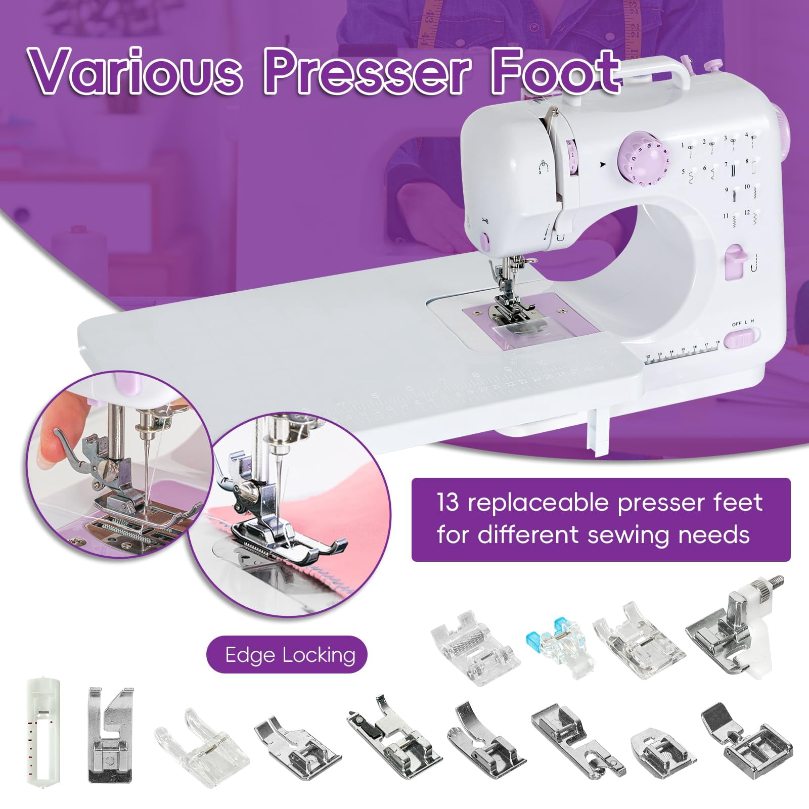 Sewing Machine for Beginners, Mini Sewing Machine Built-in 12 Stitches, 13 Replaceable Presser Feet, Extension Table, Light, Reverse Sewing, 2 Speed Foot Pedal, Portable Sewing Kit