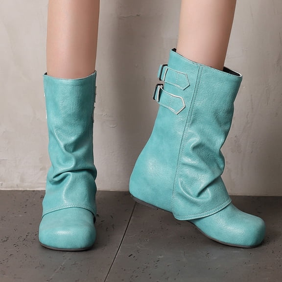 Women Fall Slouchy Fold Over Tall Boots Motorcycle Hidden Zipper Fashion Platform Square Toe