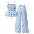 thumbnail image 5 of LIIPEE Girls Outfit Sets Casual Summer Striped Bowknot Printed Adjustable Spaghetti Strap Ruffle Hem Dress Wide Leg Pants 2 Piece Set Kids Comfortable Breathable Cute Clothing,Blue,10-11 Years, 5 of 8