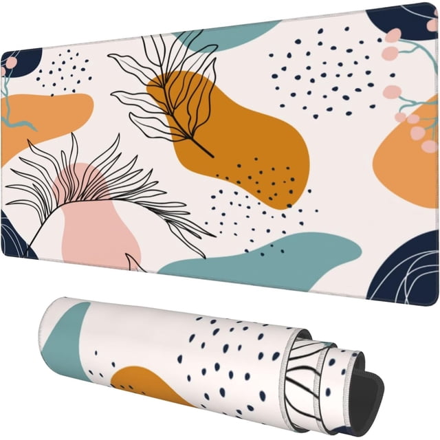 Boho Abstract Leaves Extended Gaming Mouse Pad - Large 35.4"x15.7" Desk Mat, Non-Slip Base, Stitched Edge, Long Computer Keyboard Mouse Mat for Home Office Work