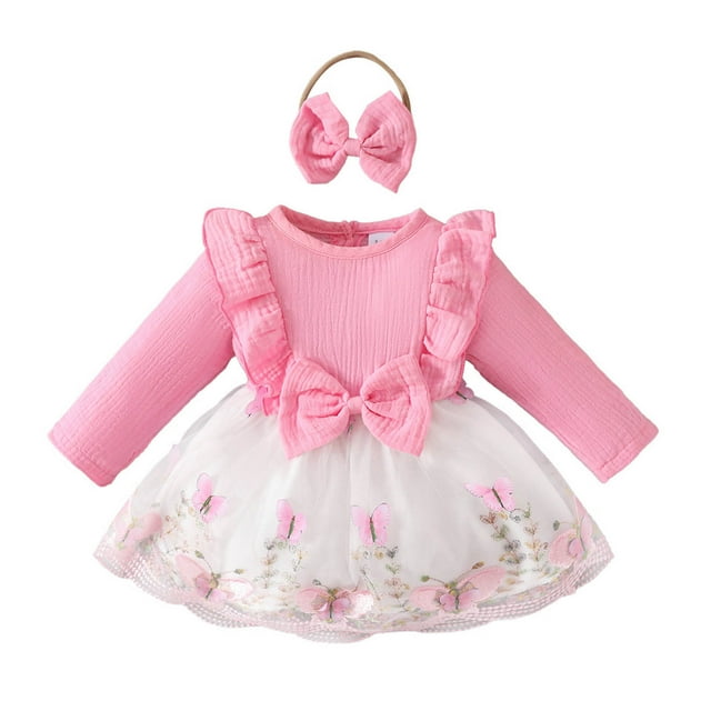 HNMKIU Robe à Manches Longues pour Filles avec Bandeaux Assortis pour Sorties et Célébrations Élégantes
