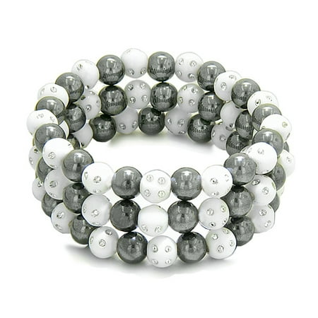 - Amulets Set of 3 Individual Simulated Hematite Magnetic Bracelets in White Sparkling Beads Crystals