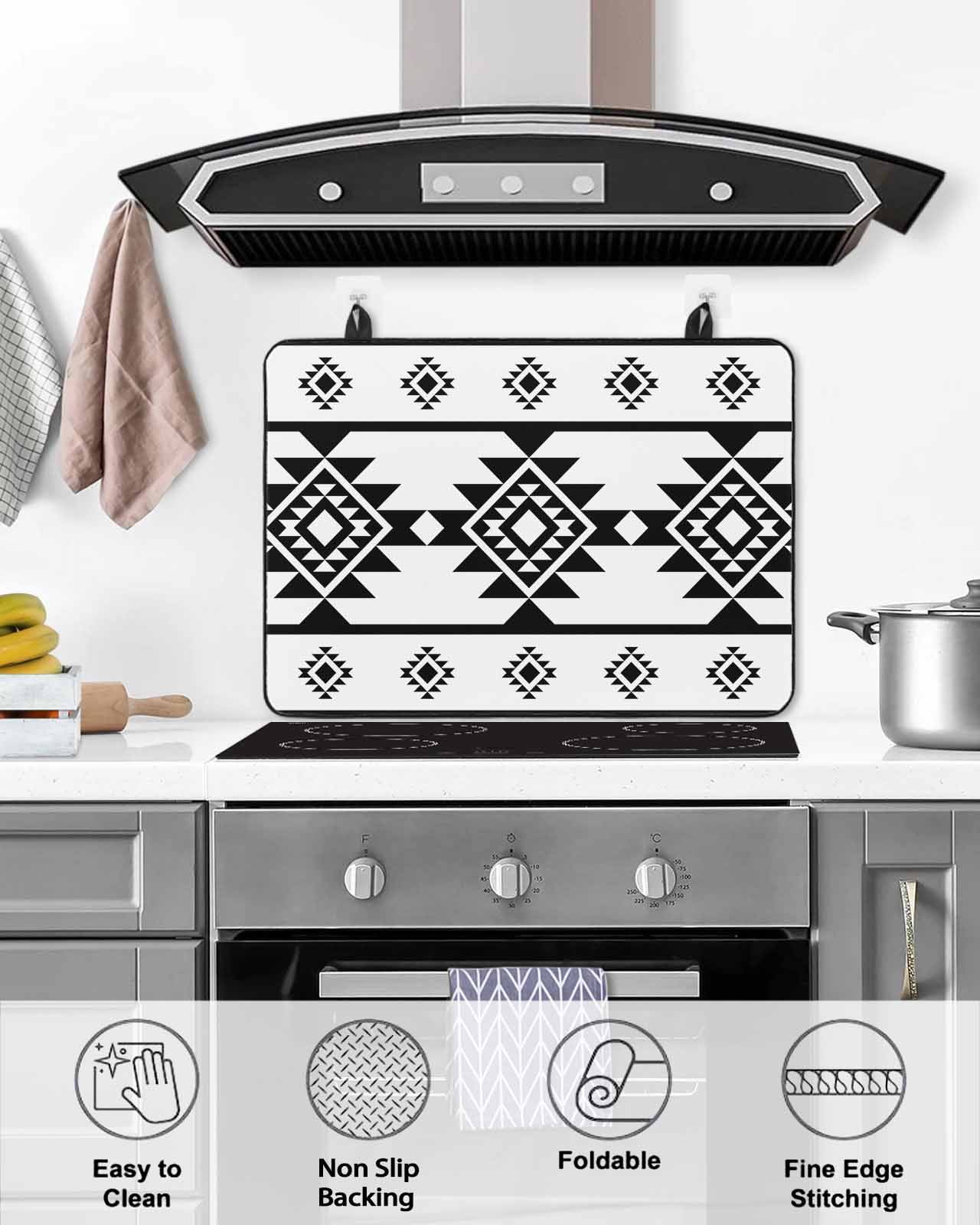 nqOlkjepod Large Induction Cooktop Protector Mat 24"x21", White Black Boho Stove Top Covers for Electric Stove, Southwest Ethnic Abstract Geometric Stove Burner Cover Mats, Glass Top Stove Cover