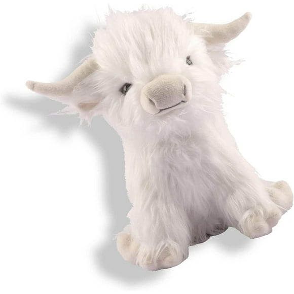XINQIHANG 9.8 in Highland Cow Plush Stuffed Animal,Realistic Fluffy Cow Cuddly Farm Toys,Scottish Highland Cow Plush Soft Toy,Longhorn Stuffed Animal Doll (White)