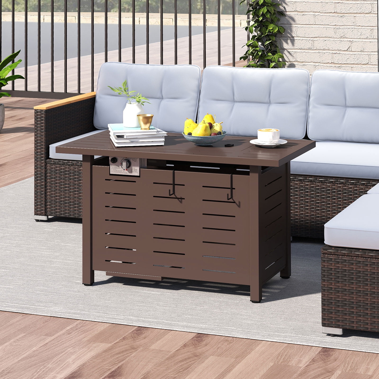 Costway 40-Inch Outdoor Propane Fire Pit with Lava Rocks Removable Lid & Protective Cover Brown