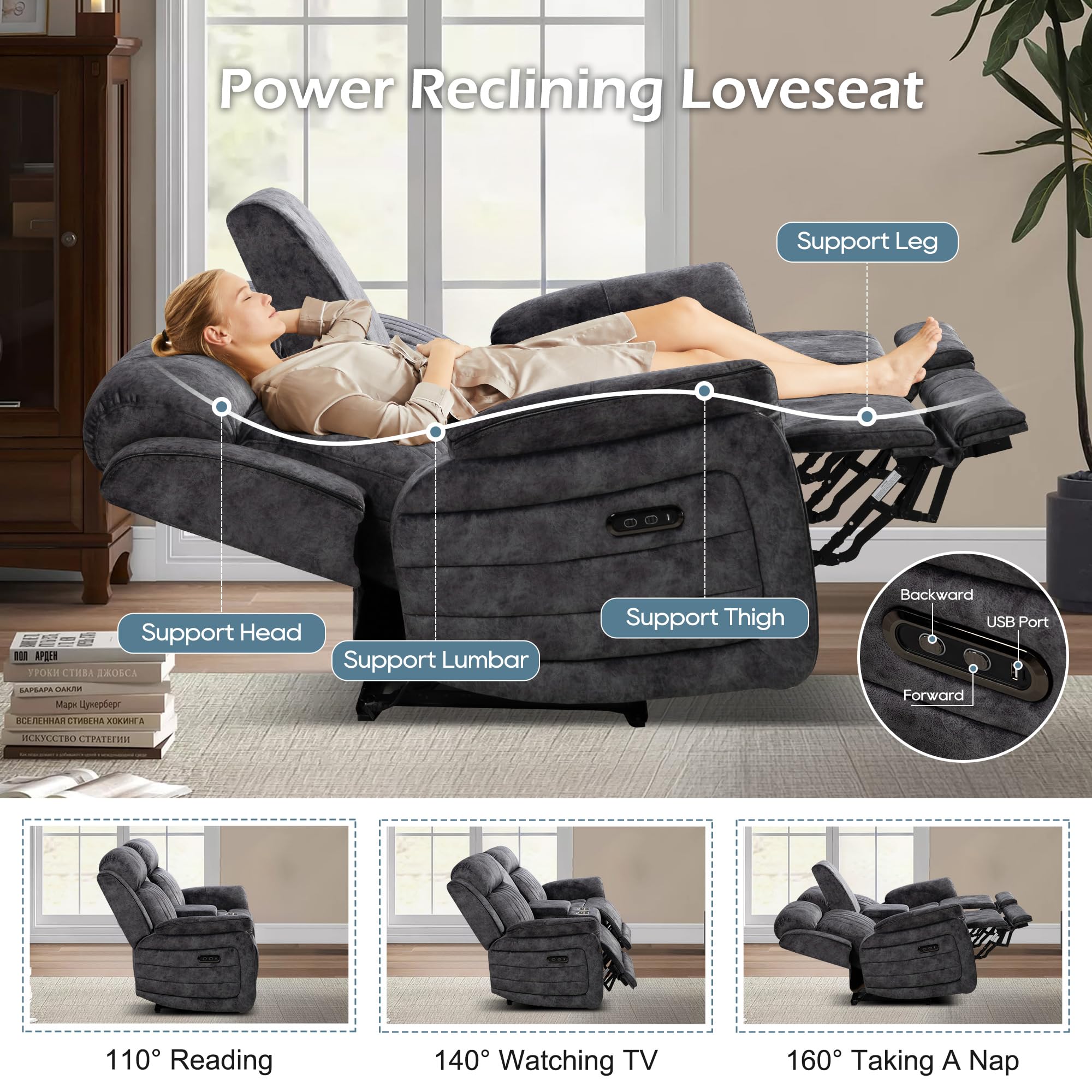 Zero Gravity Power Reclining Loveseat, Double Recliner Loveseat Sofa with Adjustable Headrest & Storage Center Console, RV Home Theater Seating with Cup Holders, USB & Type-C Ports for Living Room