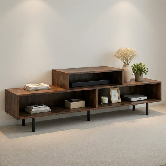 Resenkos 3 Cubby TV Stand for TVs Up to 70 Inch, Open Storage Compartment Entertainment Center for Living Room, Rustic Brown