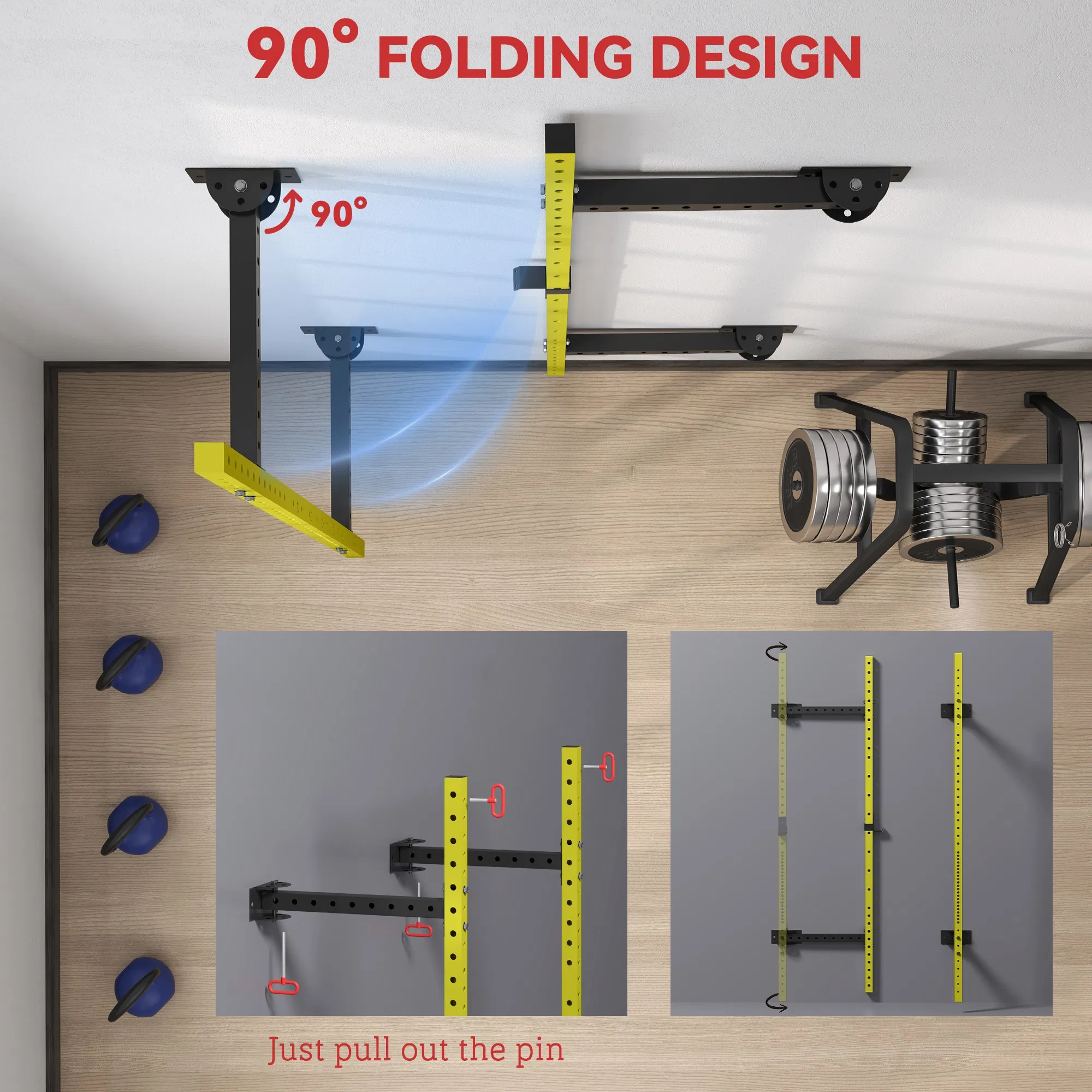 Adjustable Folding Squat Rack with Pull Up Bar,Wall Mounted Power Rack,1000 lbs Capacity,Durable Yellow Finish for Home Gym Use