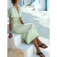 thumbnail image 6 of Women Summer V Neck Drawstring Maxi Dress Elastic Waist Flowy Vacation Dress Light Green S, 6 of 8