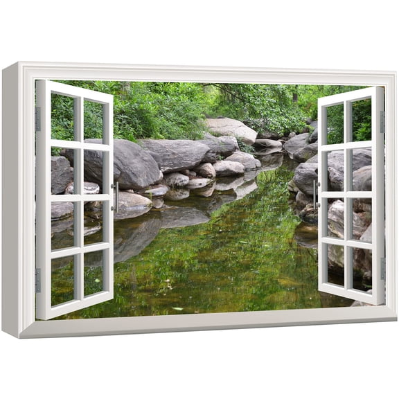 wall26 Canvas Print Wall Art Window View Rocky Green Forest Reflection Nature Wilderness Photography Modern Art Rustic Scenic Colorful Ultra for Living Room, Bedroom, Office - 24"x36"