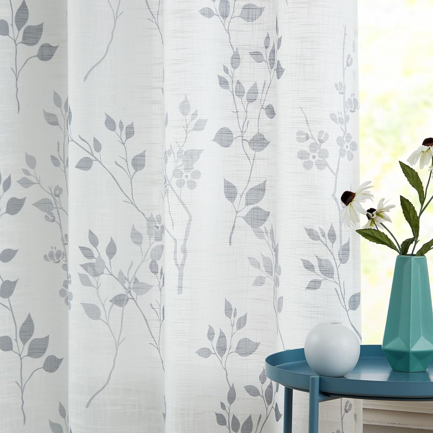 Floral Linen Semi Sheer Curtains 84 Inches Long 2 Panels for Living Room Bedroom Grey Farmhouse Flower Patterned Light Filtering Textured Grommet Top Window Treatments Drapes, 50x84 2 Set