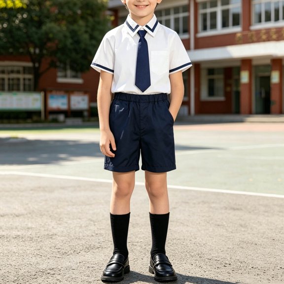 Yeaiivve Boys School Uniform Sets 5 Piece Summer Outfits Short Sleeve Dress Shirt Elastic Waist Shorts Tie Badge and Socks for Class Choir Performance Navy 3-4 Years