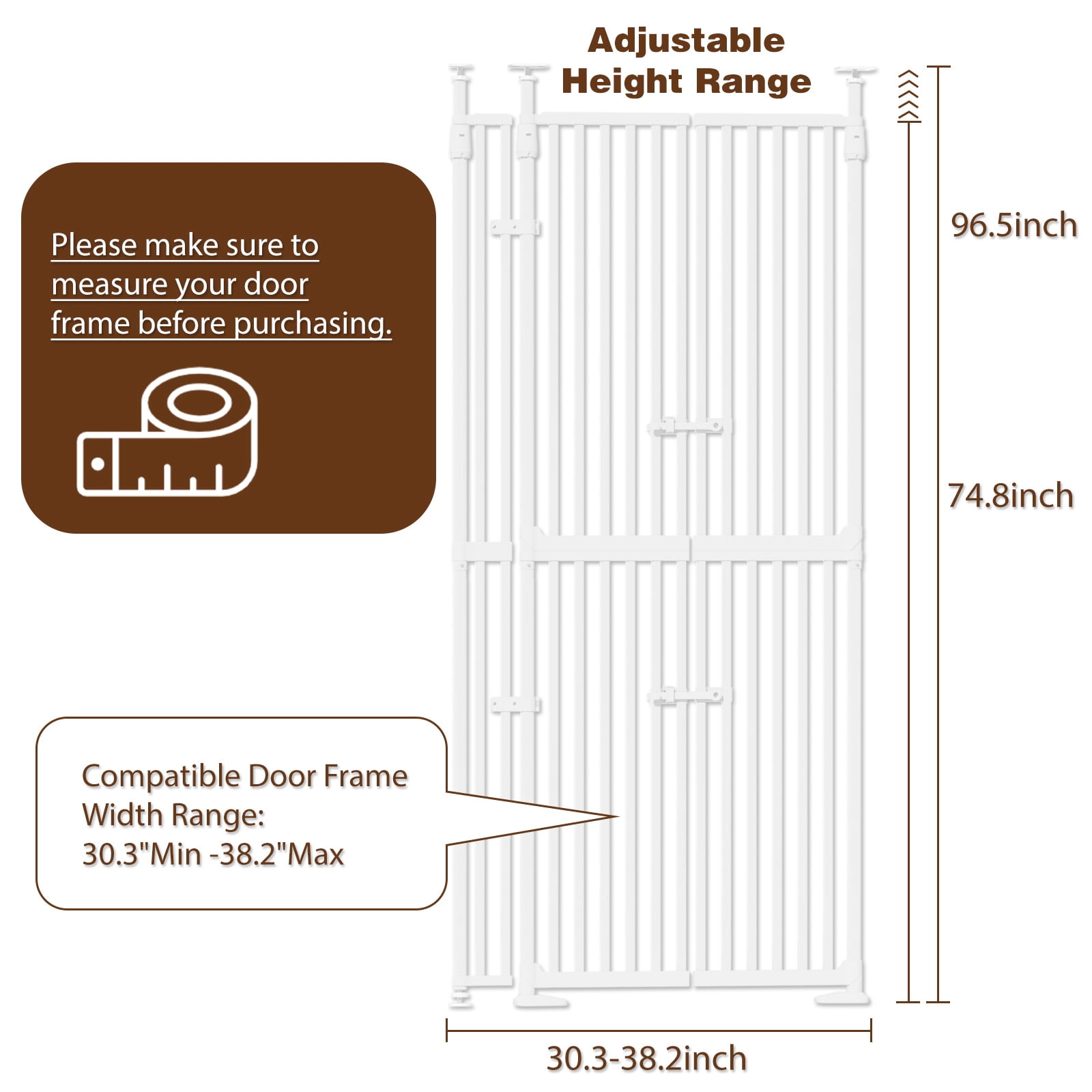 YUFU 74.8" Extra Tall Pet Gate for Cats, adjustable height adjustable width 30.3"-38.2" Pressure Mounted, No Drill, Walk-Through Door for Stairs/Doorways, (white)