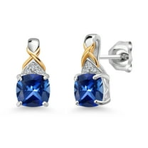 Gem Stone King 925 Sterling Silver and 10K Yellow Gold Blue Created Sapphire and White Lab Grown Diamond Earrings for Women (2.01 Cttw, Gemstone September Birthstone, Cushion 6MM)