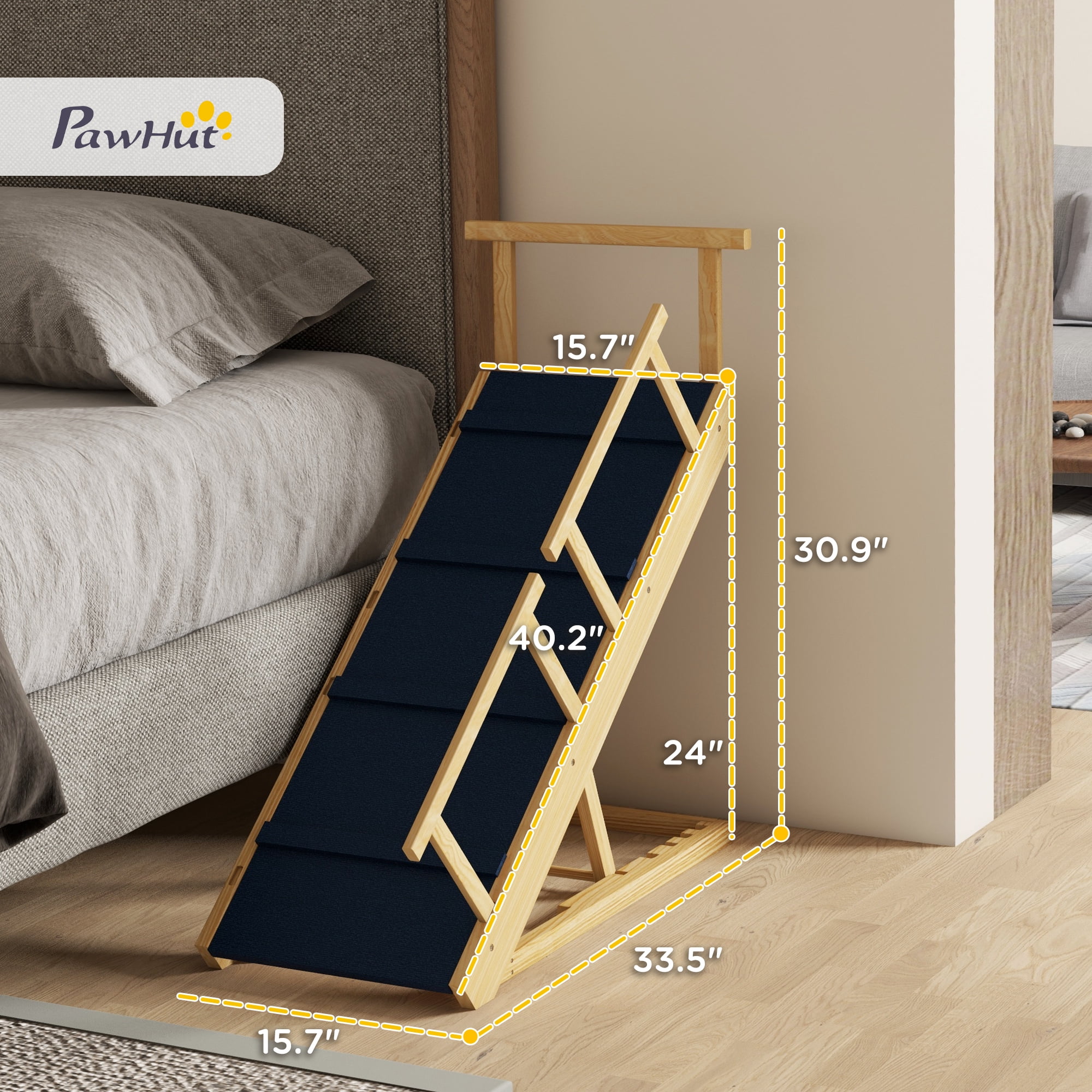 Dog Ramp, Adjustable 4 Height Pet Ramp, Foldable Wooden Dog Stairs with Non-slip Mat for Small to Large Dogs to Get on High Bed or Sofa Couch, Natural Wood Finish